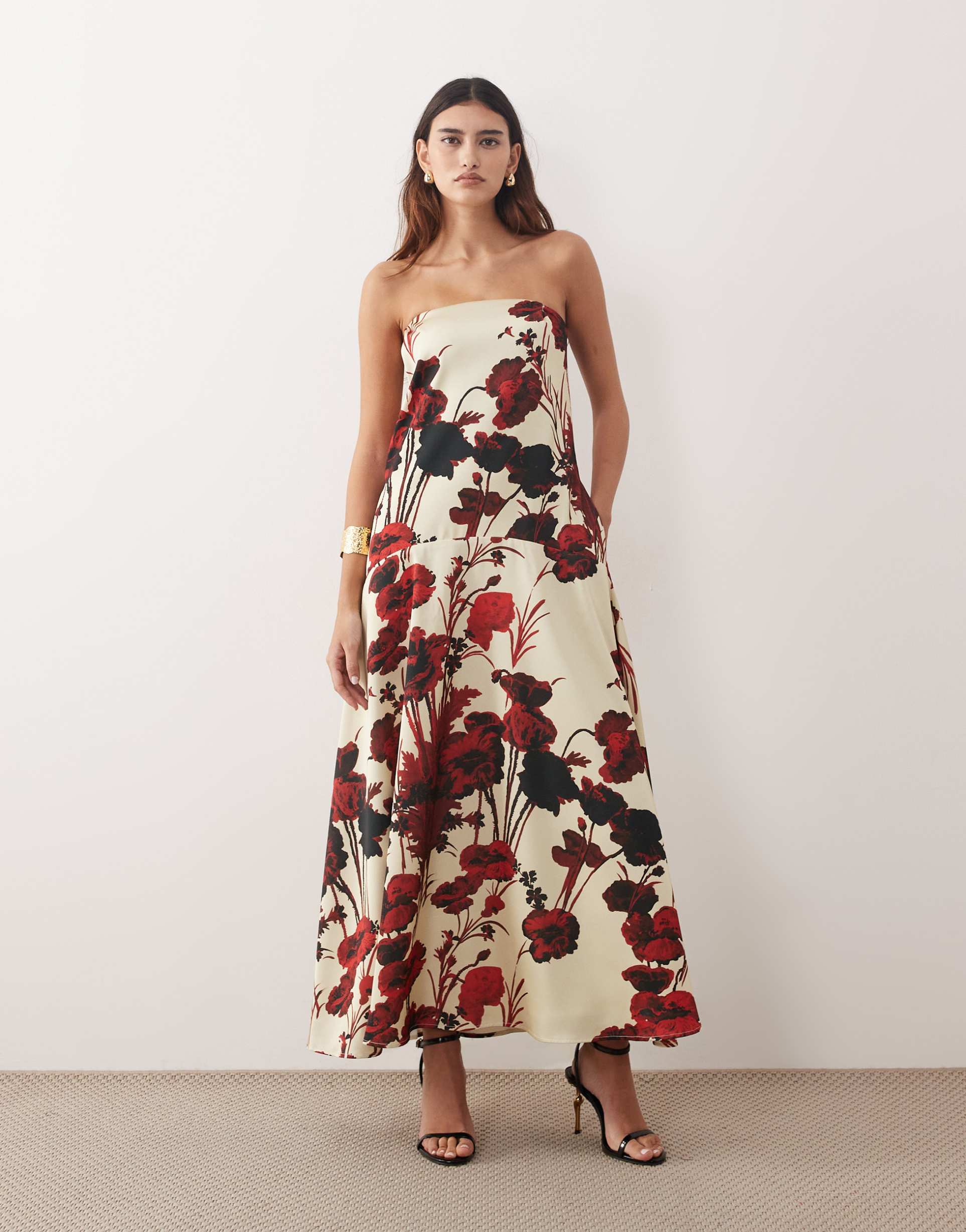 arrange strapless satin trapeze maxi dress in rose floral print