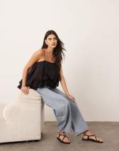 ARRANGE satin contrast back halter square cut maxi dress in ice blue and black