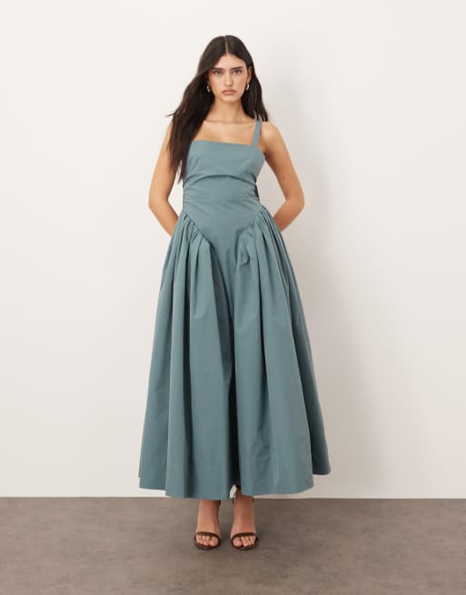 ARRANGE strappy ruched bodice full skirt maxi dress in dusky blue