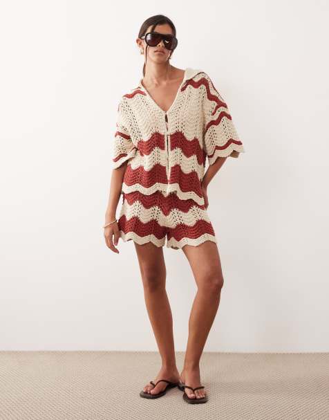 ARRANGE stripe crochet shorts co-ord in rust and beige - view 1