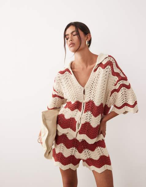 ARRANGE stripe crochet top in rust and beige (part of a set) - view 1