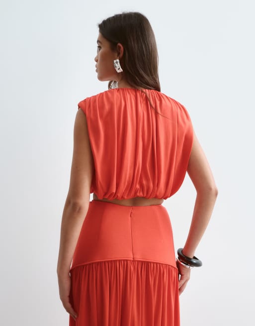 ARRANGE strong shoulder draped top co-ord in red, 4 of 4