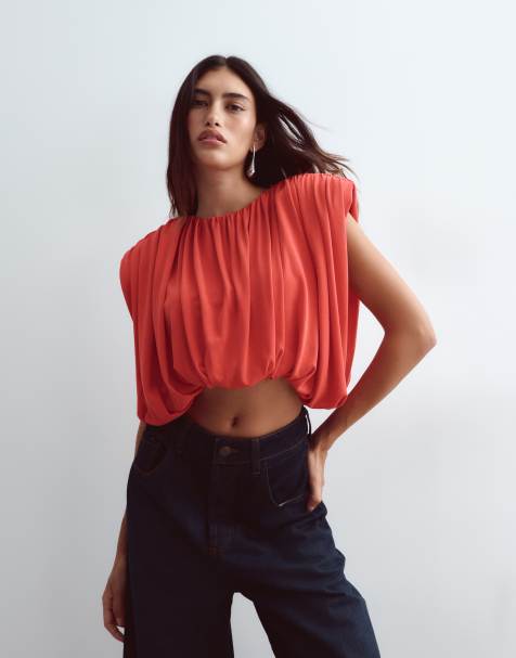 ARRANGE strong shoulders ruched tee in red - view 1