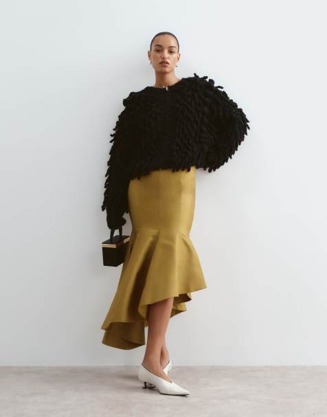 ARRANGE structured asymmetric fishtail maxi skirt in gold - view 1