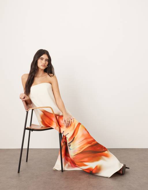 ARRANGE structured bandeau column maxi dress with internal corset in overblown floral print