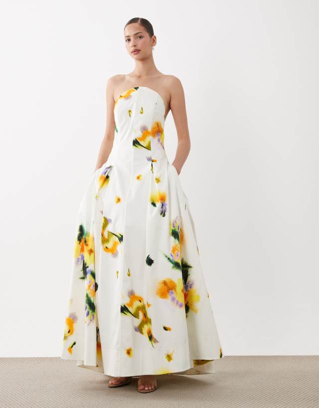 purple blurred floral print plisse knot bandeau maxi dress ASTR the Label | Makennah Pliss Floral Maxi Dress in Yellow Purple Floral