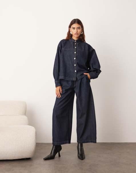 ARRANGE structured boxy denim shirt and pleat detail wide leg barrel pants in indigo - view 1