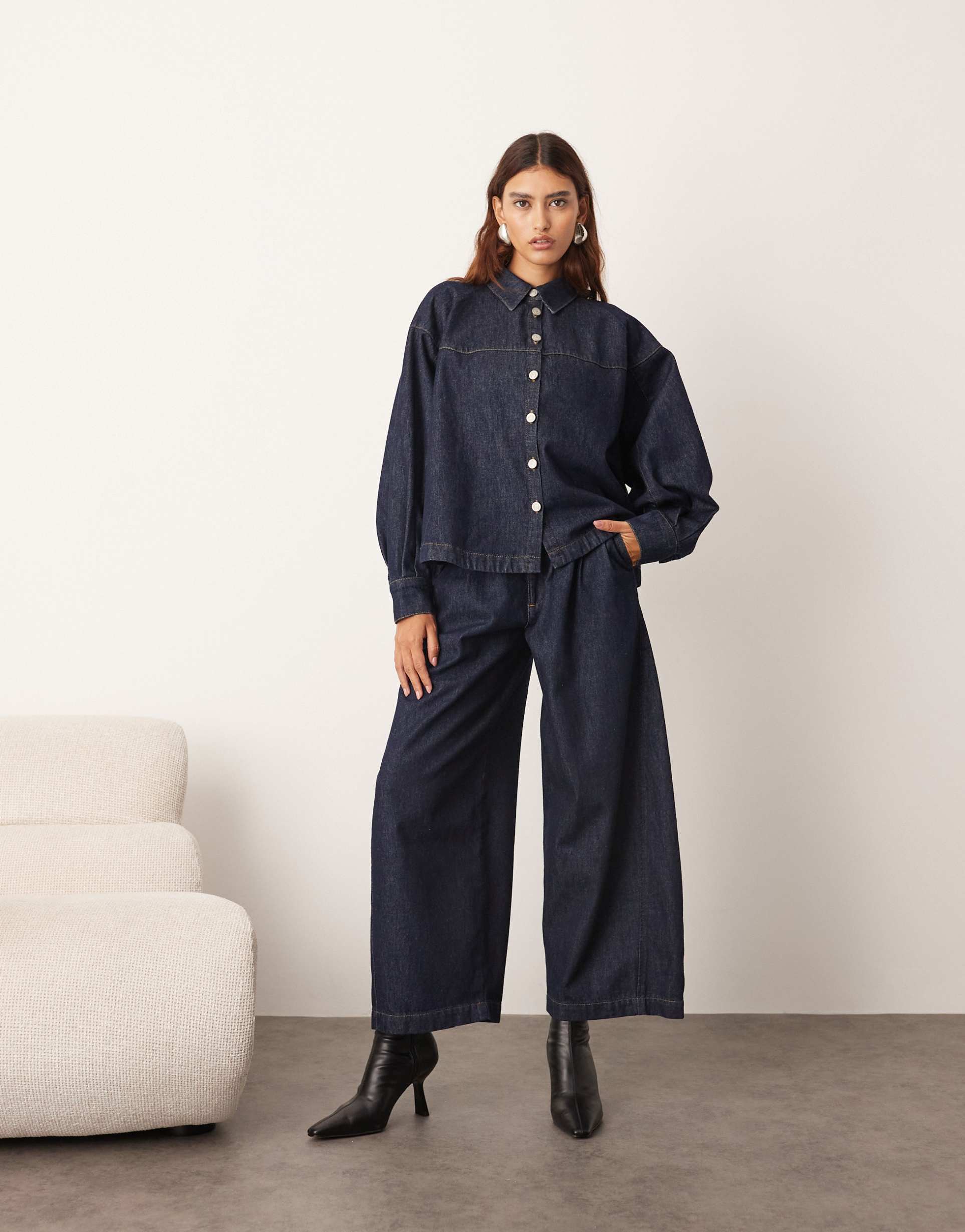 arrange structured boxy denim shirt in indigo - part of a set