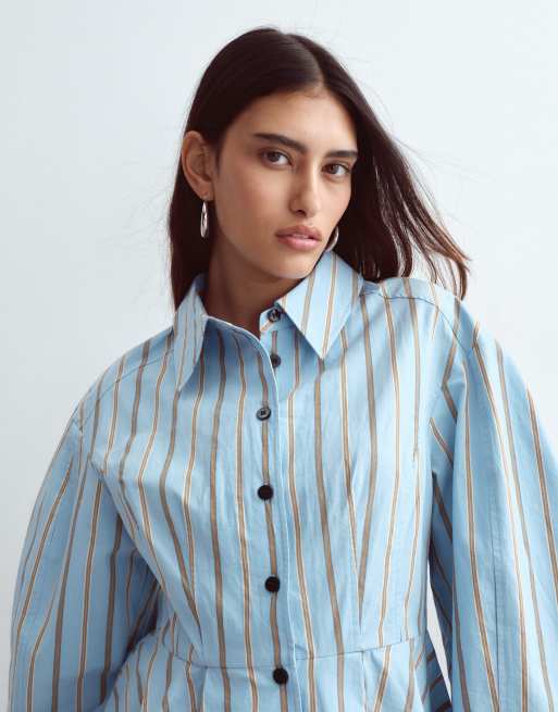 ARRANGE structured collared peplum shirt with contrast buttons in blue stripe, 3 of 4
