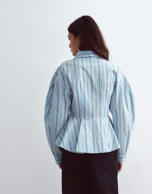 ARRANGE structured collared peplum shirt with contrast buttons in blue stripe, 4 of 4