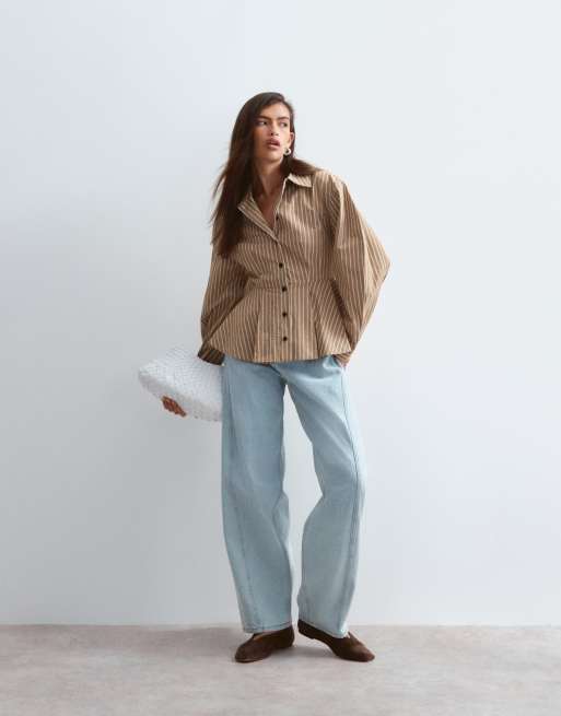 ARRANGE structured collared peplum shirt with contrast buttons in camel stripe, 2 of 4