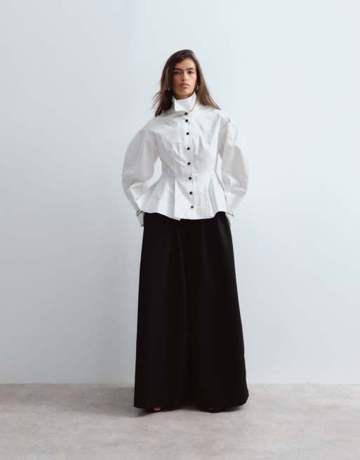 ARRANGE structured collared peplum shirt with contrast buttons in white, 2 of 4
