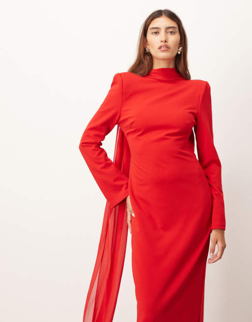 ARRANGE structured crepe long sleeve maxi dress with chiffon overlay in red