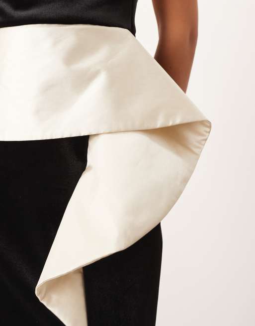 ARRANGE structured curved velvet column midi dress with contrast satin peplum in black, 3 of 4