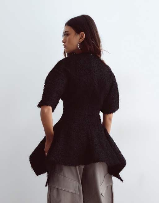 ARRANGE structured dome sleeve cinch waist textured top in black, 4 of 4