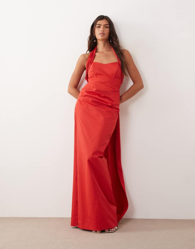 ARRANGE structured halter maxi dress with train back in red