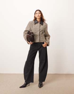 Arrange Structured Jacket With Contrast Leather Collar In Brown