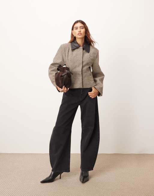 ARRANGE structured jacket with contrast leather collar in brown