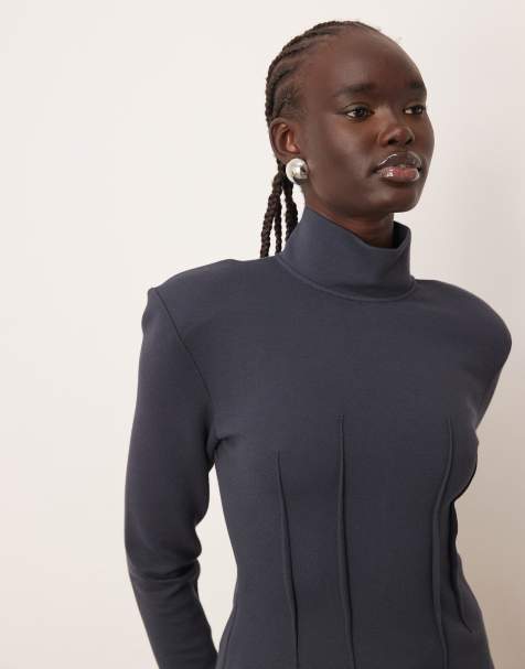 ARRANGE structured jersey top with padded shoulder in charcoal - view 1