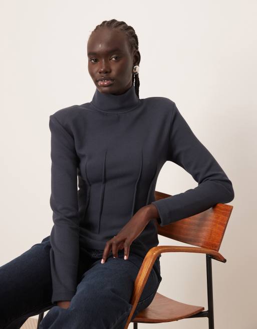 ARRANGE structured jersey top with padded shoulder in charcoal, 2 of 4