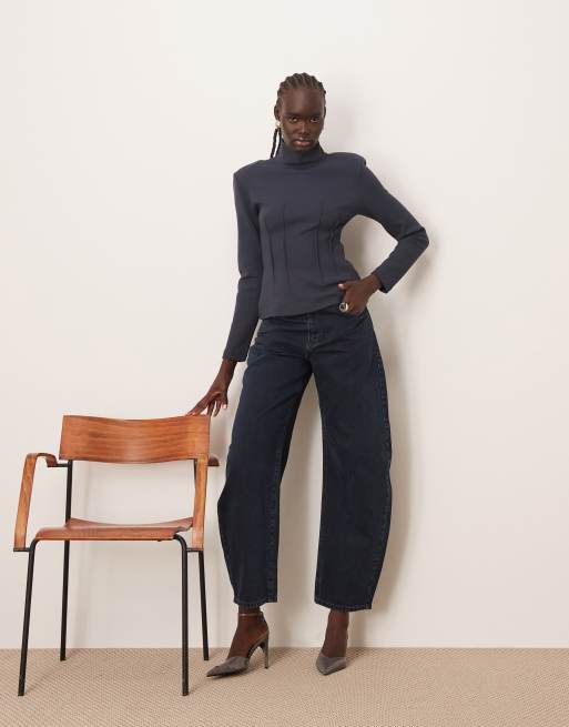 ARRANGE structured jersey top with padded shoulder in charcoal, 4 of 4