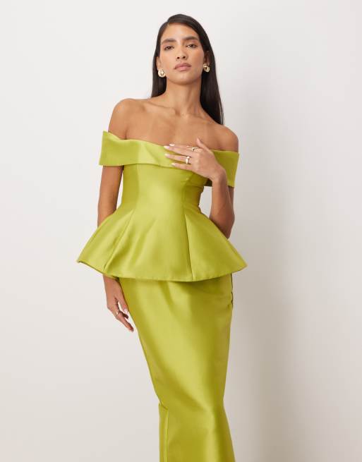 ARRANGE structured off the shoulder satin maxi dress in lime