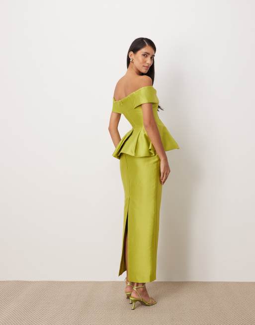 ARRANGE structured off the shoulder satin maxi dress in lime