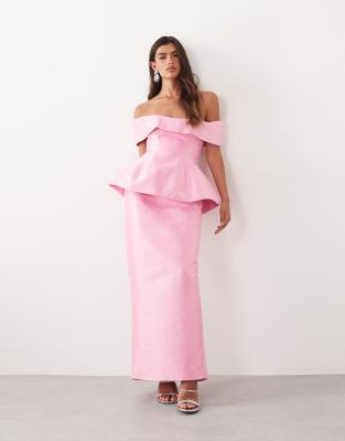 Arrange Structured Off The Shoulder Satin Maxi Dress In Pink