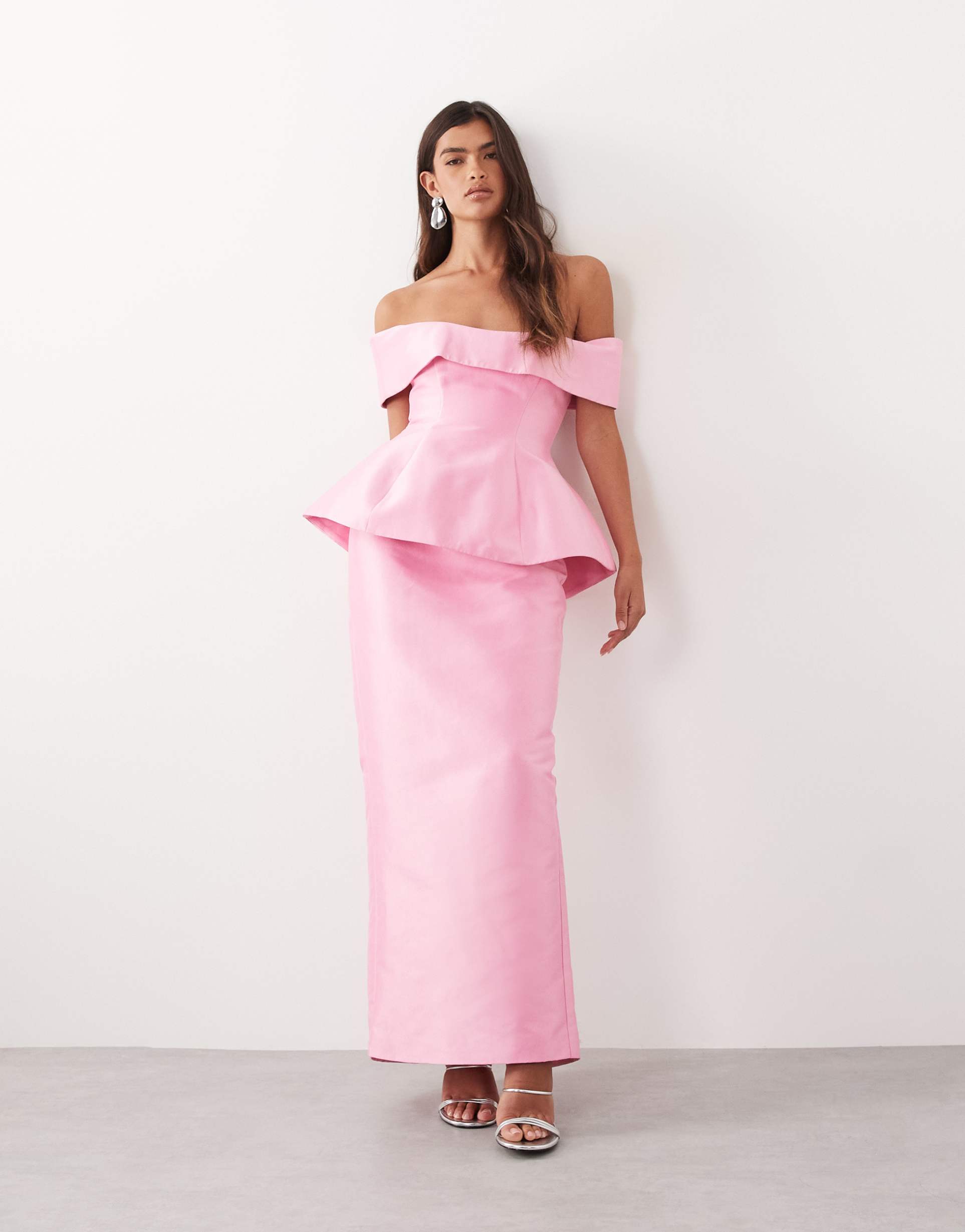 arrange structured off the shoulder satin maxi dress in pink