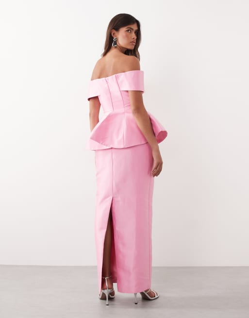 ARRANGE structured off the shoulder satin maxi dress in pink, 2 of 4