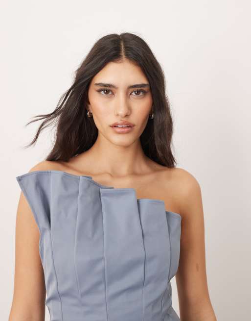 ARRANGE structured pleat corset midi dress in light blue