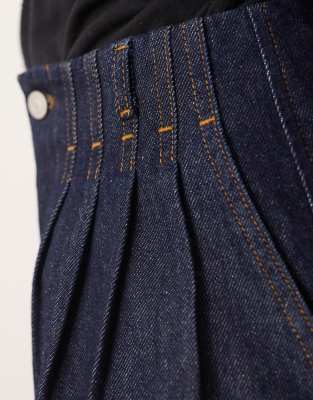 Arrange Structured Pleat Detail Wide Leg Denim Barrel Pants In Blue