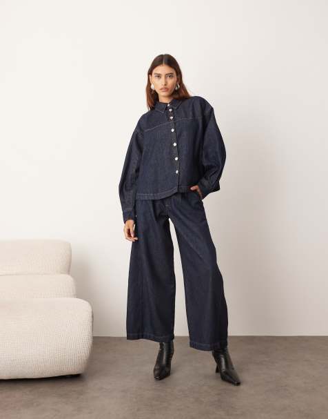 ARRANGE structured pleat detail wide leg denim barrel trouser co-ord in indigo