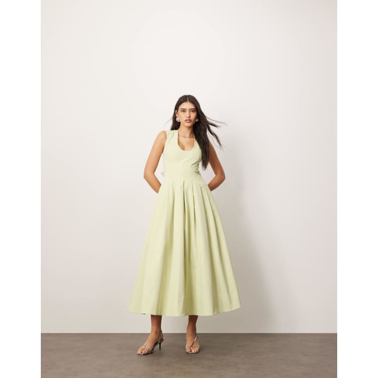 ARRANGE structured plunge midi dress with eyelet detail in pistachio green  | ASOS