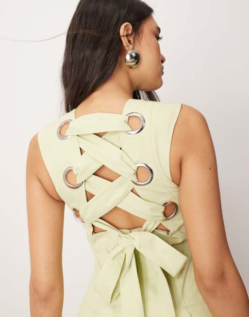 ARRANGE structured plunge midi dress with eyelet detail in pistachio green  | ASOS