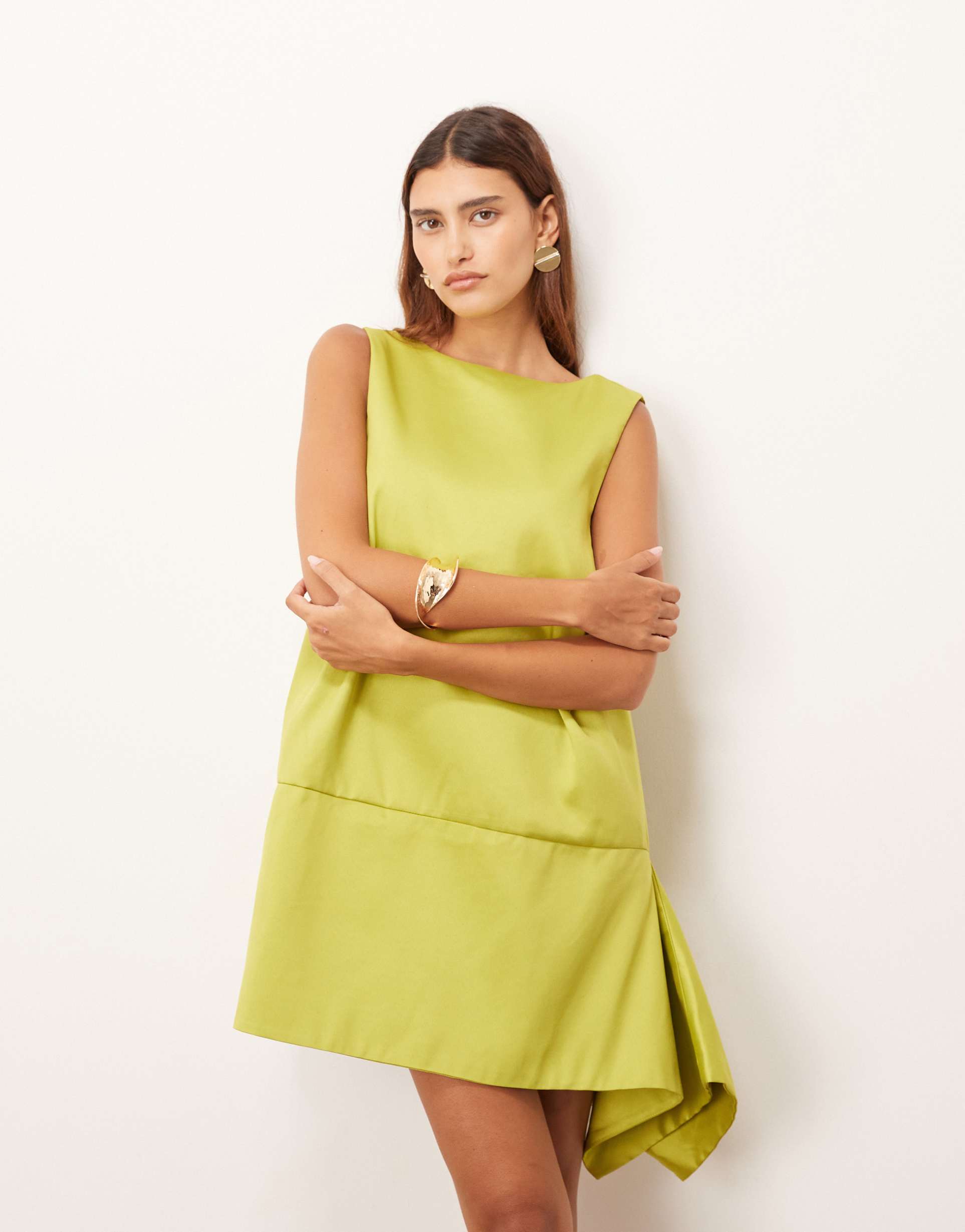 arrange structured satin a-line mini dress in lime