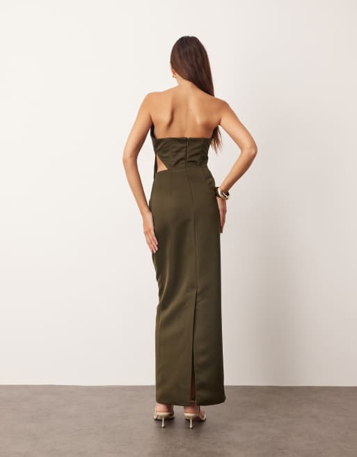 ARRANGE structured satin bandeau maxi dress in olive