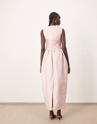 Arrange Structured Satin Cinched Waist Maxi Dress In Pink