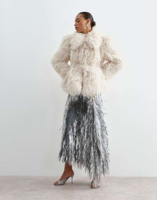 ARRANGE structured shaggy faux fur jacket with collar in cream, 2 of 5