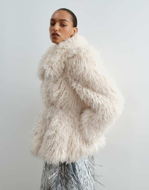 ARRANGE structured shaggy faux fur jacket with collar in cream, 5 of 5