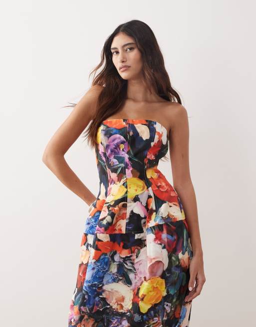 ARRANGE structured volume bandeau midi dress in bloom floral print, 2 of 4
