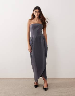 Arrange Structured Volume Strapless Midi Dress In Gray