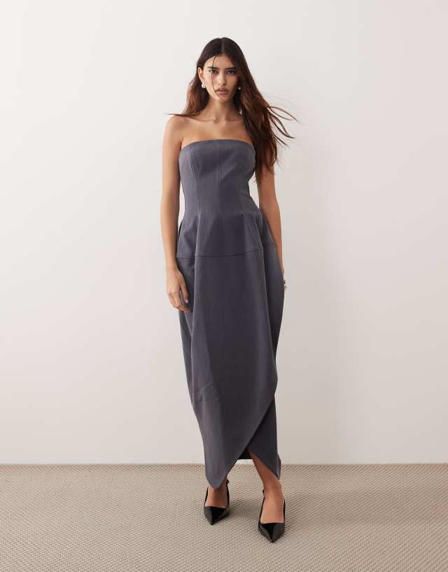 ARRANGE structured volume strapless midi dress in gray