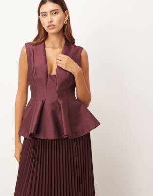 Arrange Structured Waisted Maxi Dress With Contrast Pleated Skirt In Brown