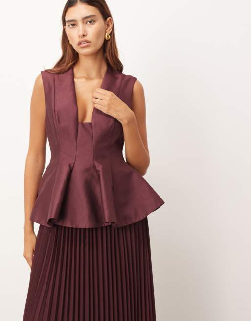 ARRANGE structured waisted maxi dress with contrast pleated skirt in plum