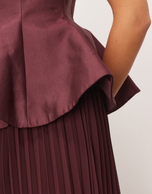 ARRANGE structured waisted maxi dress with contrast pleated skirt in plum