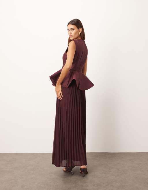 ARRANGE structured waisted maxi dress with contrast pleated skirt in plum