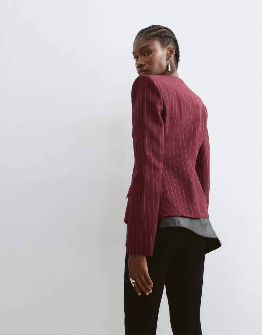 ARRANGE strukturerad kavaj med axelvaddar i vinröda ränder, 3 av 5
