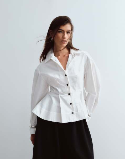 ARRANGE strukturerad skjorta med krage och peplum med kontrastknappar i vitt - view 1