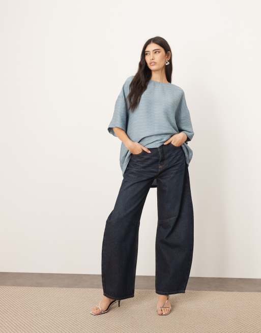 ARRANGE – Strukturiertes, kastiges T-Shirt aus Webstoff in Jeansblau